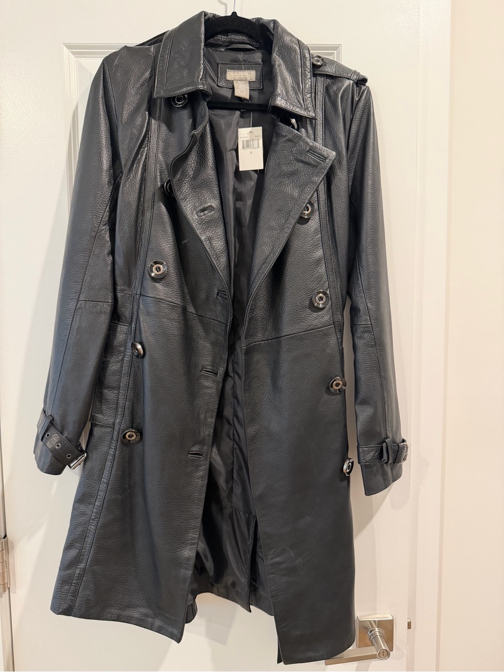 Neiman Marcus Black Leather Double-Breasted Trench Coat